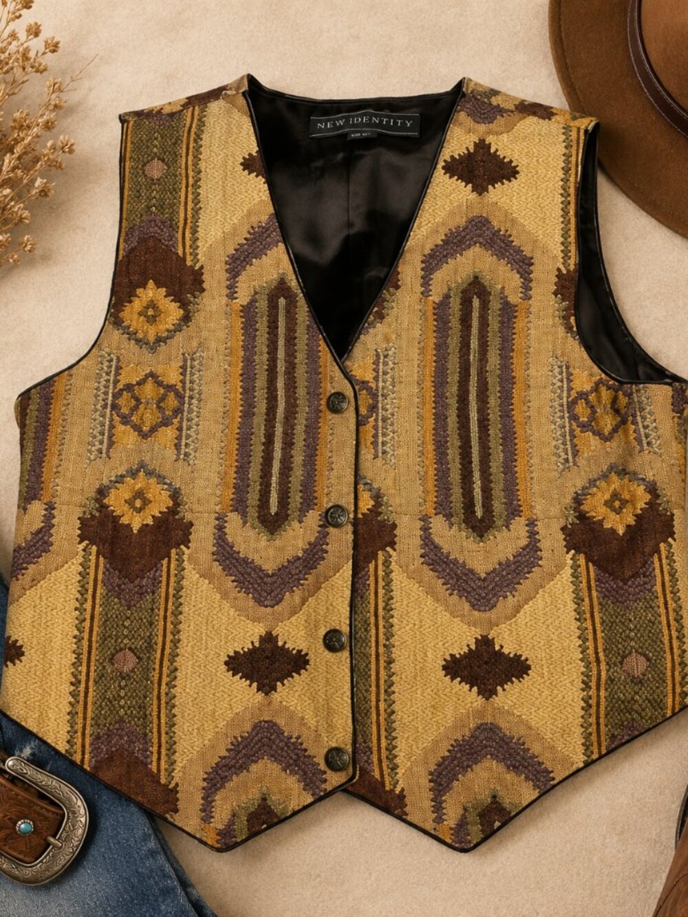 New Identity Women's Gold Brown Patterned Vest
